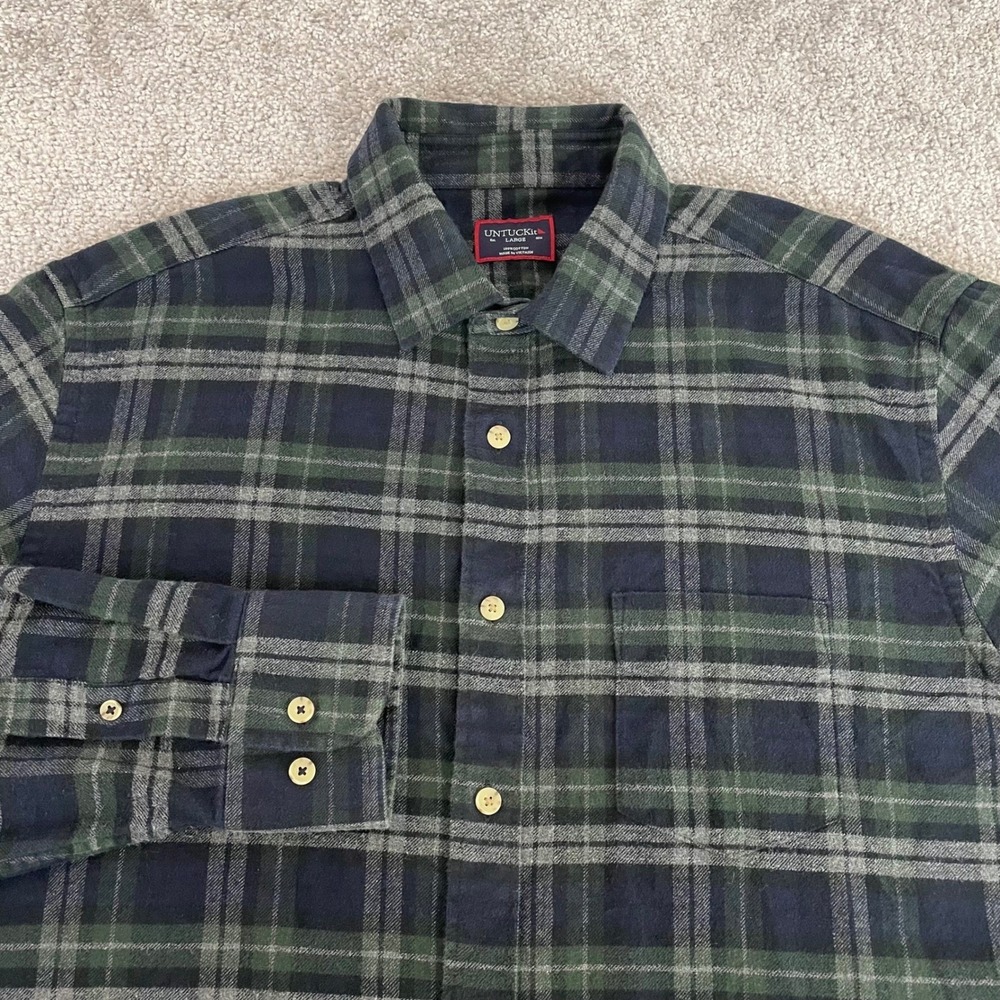 UNTUCKit Flannel Shirt Mens Large Plaid Cotton Radley Navy Green Button Up